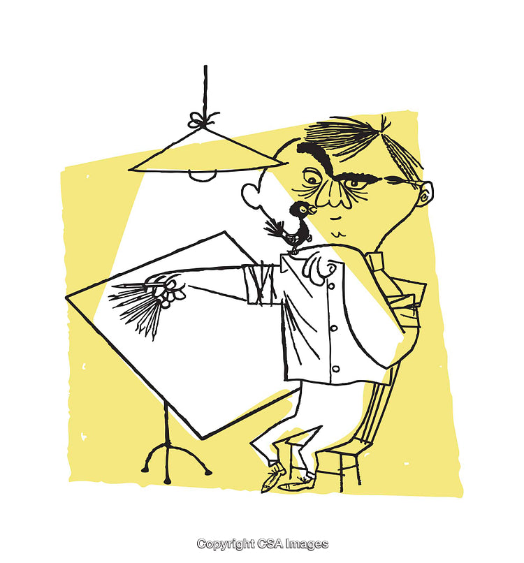 Whimsical Illustration of a Man Sketching Under a Pendant Light
