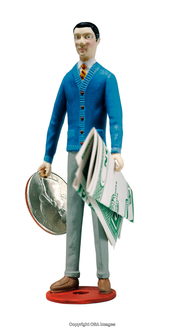 Toy Figurine Holding Money and Coin in Formal Outfit