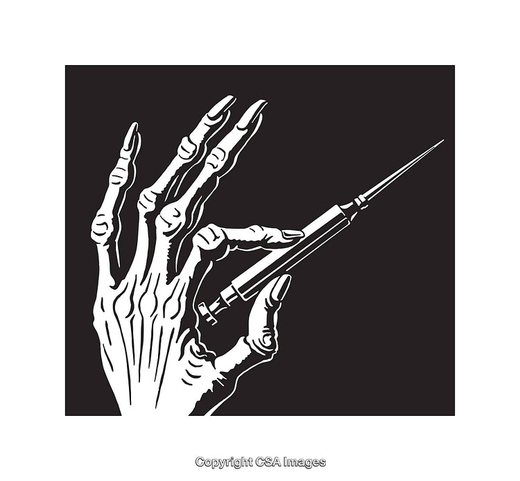 Black And White Skeleton Hand Holding Syringe Illustration