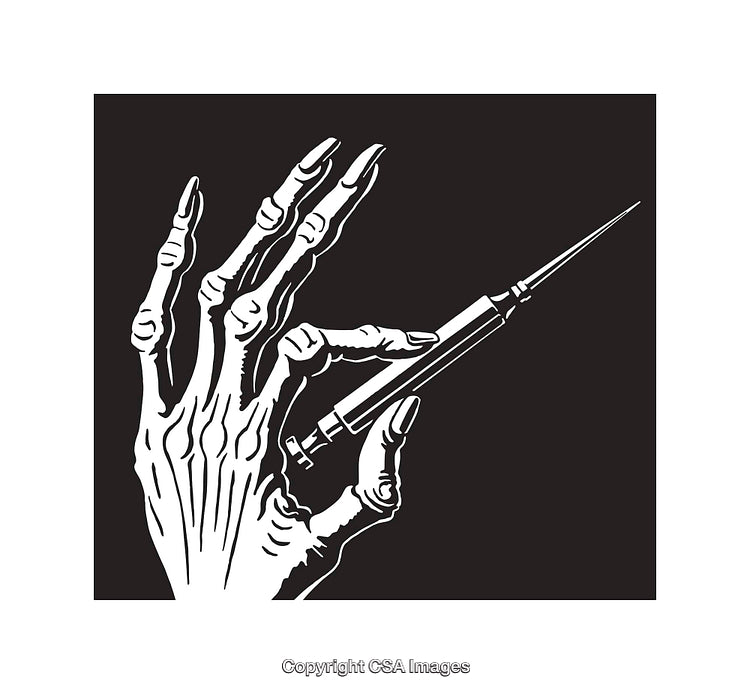 Black And White Skeleton Hand Holding Syringe Illustration