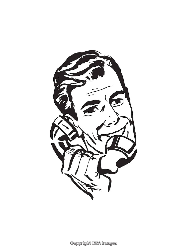 Retro Line Art of a Man Smiling While Using a Telephone