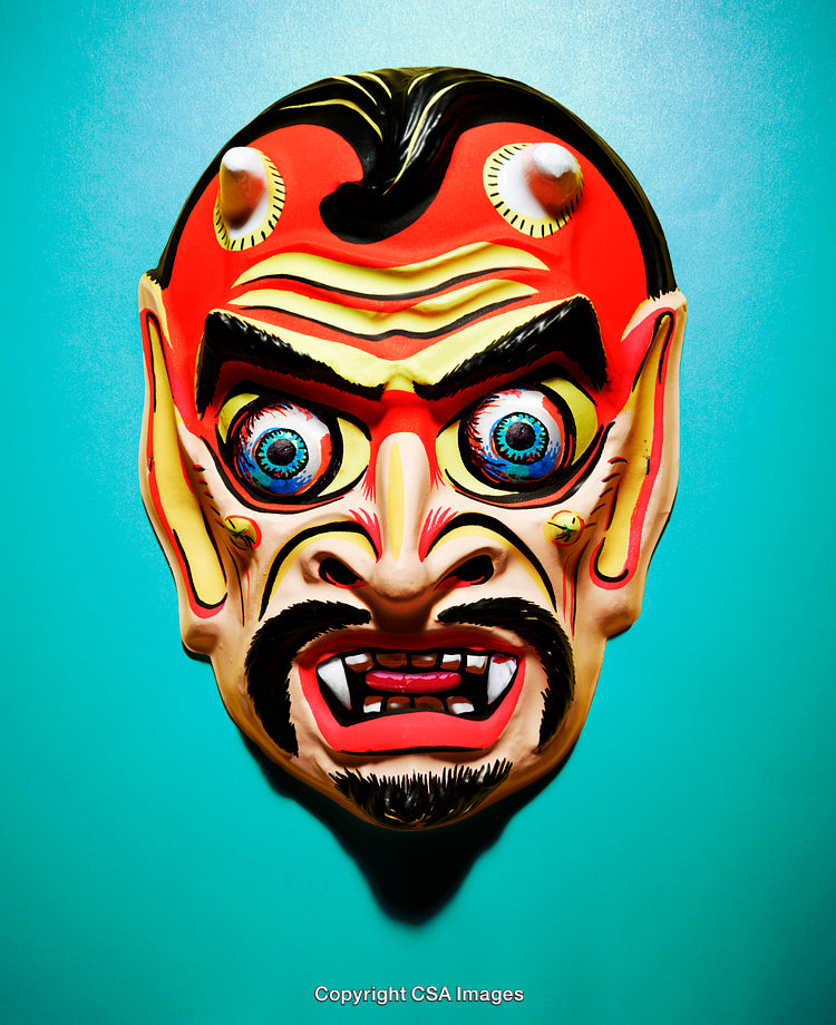 Colorful Vintage Demon Mask on Bright Blue Background