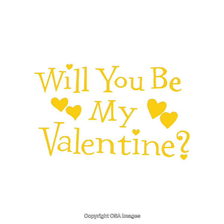 Will You Be My Valentine Calligraphy with Yellow Hearts on White Background