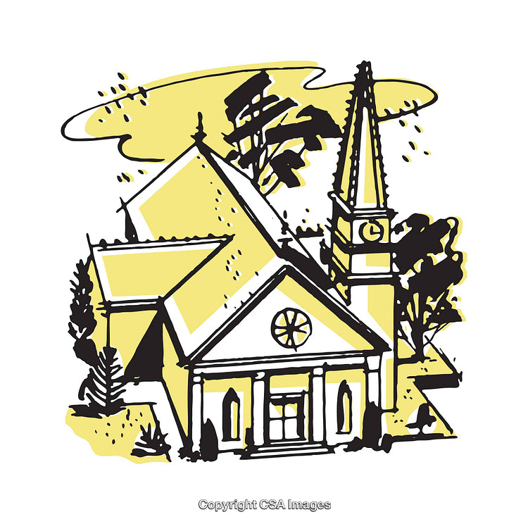 Illustration of a Classic Church Building with Clock Tower and Trees