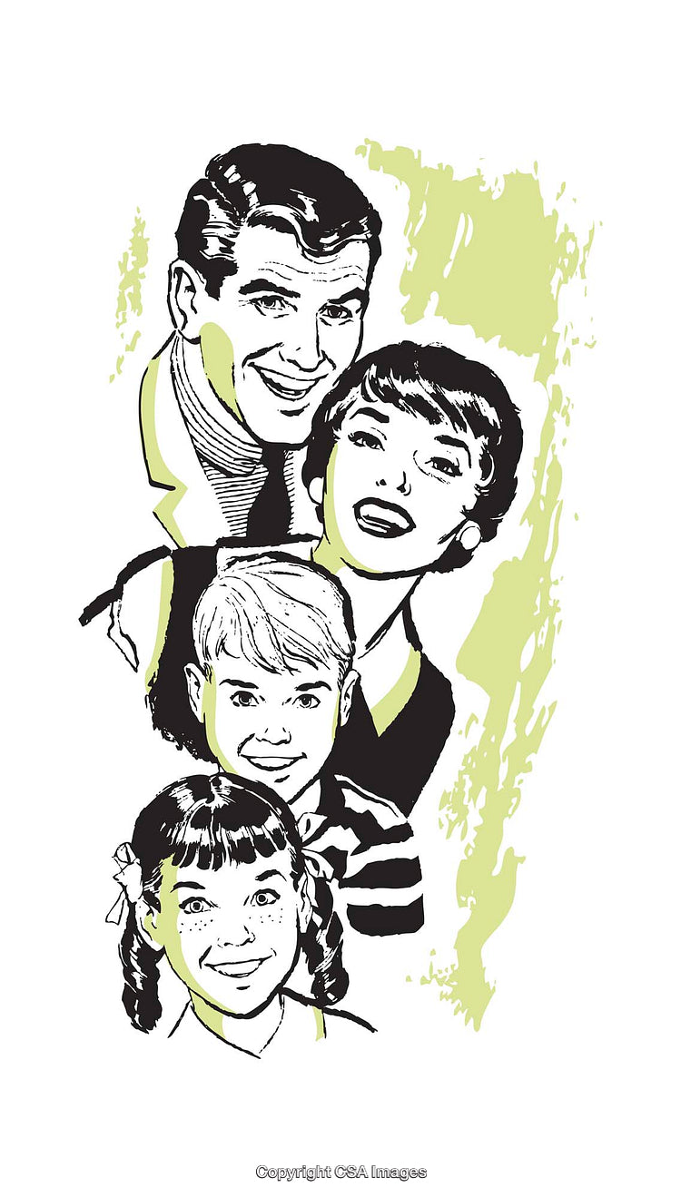 Vintage Illustration of a Smiling Family of Four in Cartoon Style