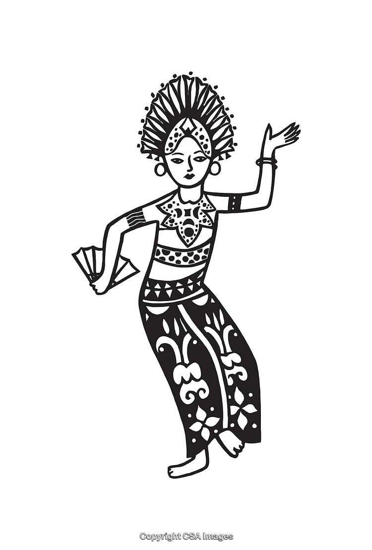 Traditional Dancer Depicted in Black and White Line Art Illustration