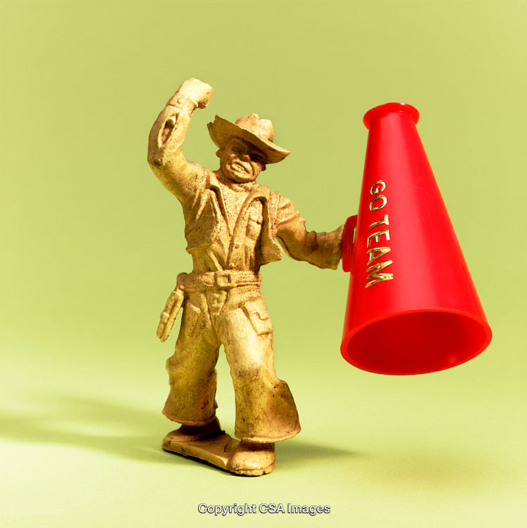 Golden Cowboy Toy Holding Red Cheer Megaphone on Light Green Background