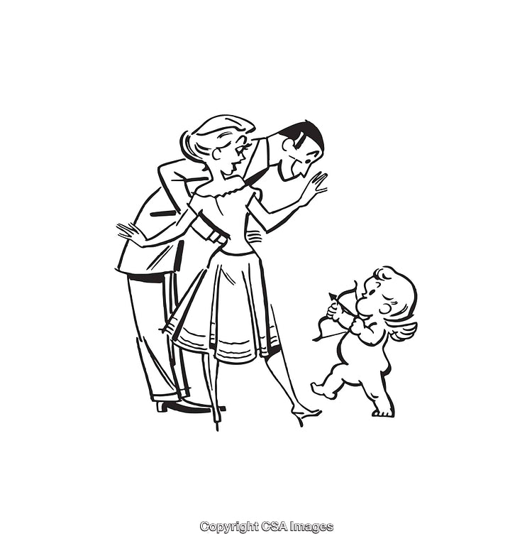 Vintage Line Art Depicting a Romantic Encounter With Cupid's Arrow