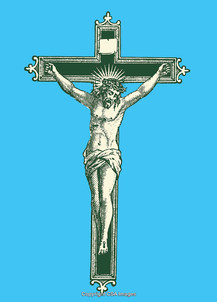 Detailed Color Illustration of Jesus on the Crucifix on a Blue Background