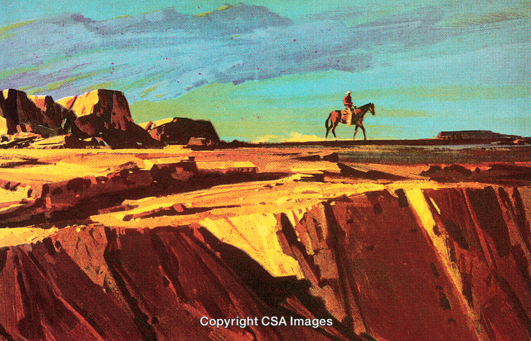 Western Desert Landscape with Lone Rider on Horseback Under Dramatic Sky