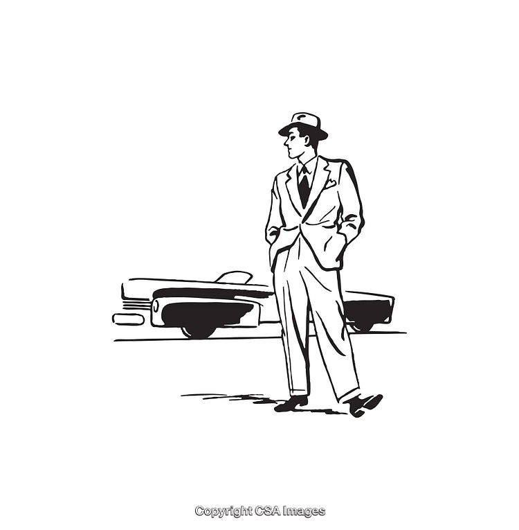 Vintage Line Art of Man in Suit with Classic Car in Background