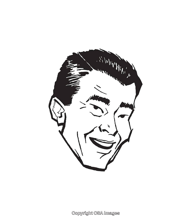 Retro Black and White Line Art of a Smiling Male Face