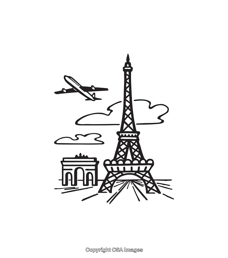 Simple Line Art Drawing of the Eiffel Tower and Arc de Triomphe in Paris