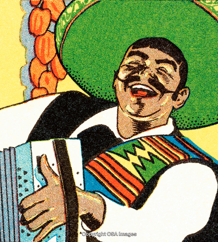 Cheerful Man Playing Accordion Vibrantly Portrayed in Artistic Mexican-Style Illustration