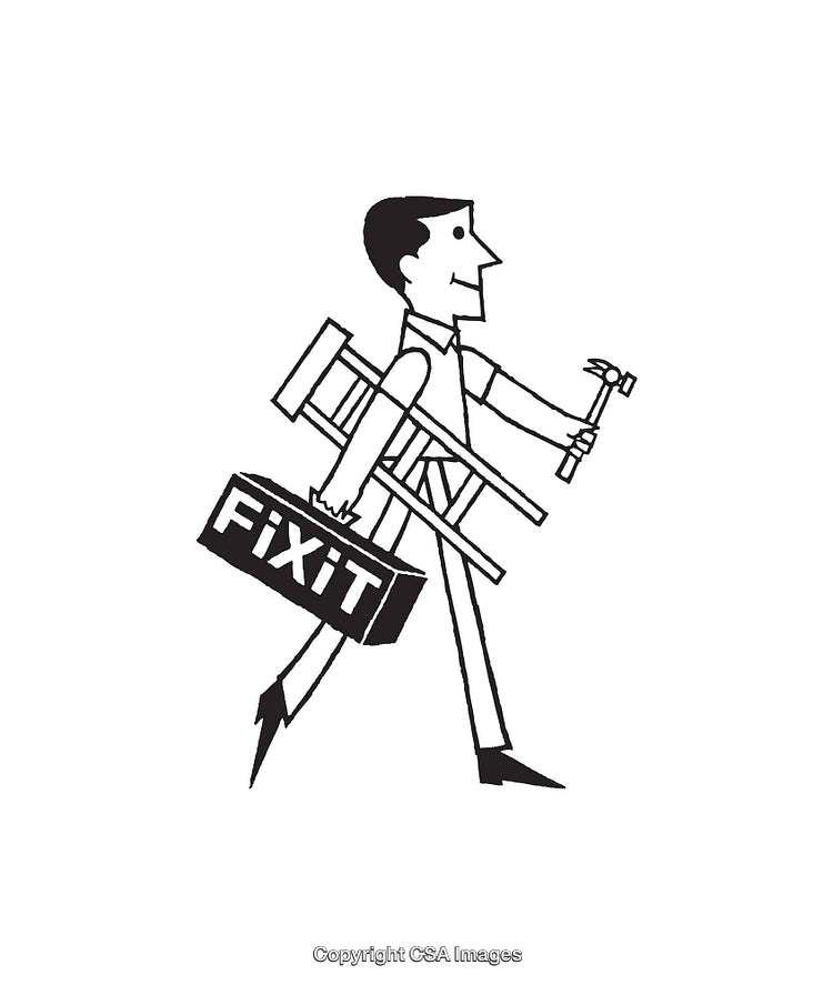 Black and White Illustration of a Handyman With Tools and Briefcase