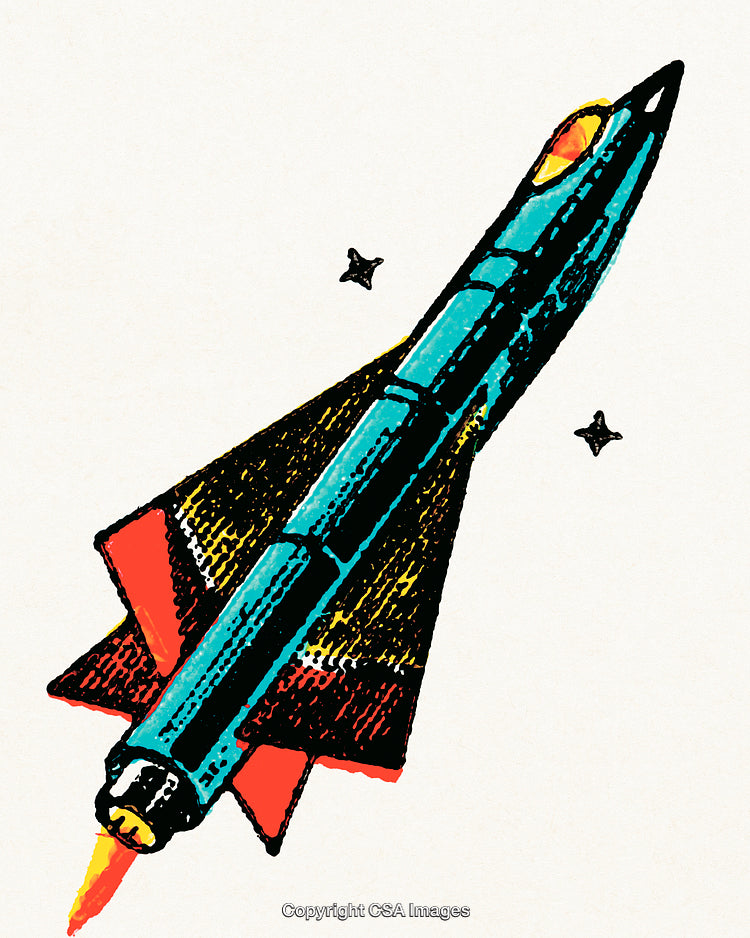 Colorful Retro Rocket Illustration with a Vintage Sci-Fi Aesthetic