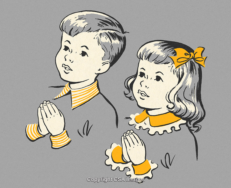 Illustration of Two Children Praying With Folded Hands in Vintage Style