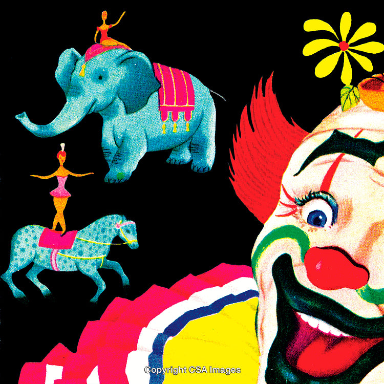 Colorful Circus Scene With Clown, Animals, and Performers on a Black Background