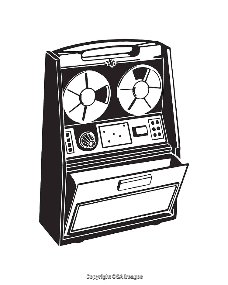 Vintage Black And White Line Art of a Classic Reel-To-Reel Machine