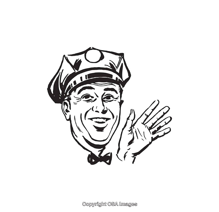 Retro Black and White Illustration of a Cheerful Policeman Waving Hand