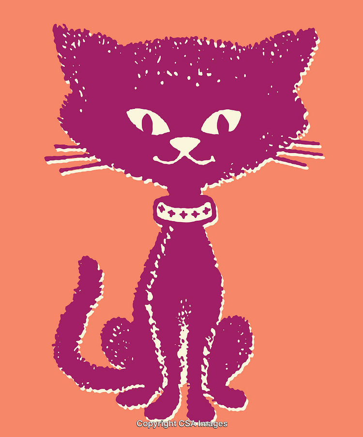 Vibrant Line Art Illustration of a Purple Cat on Orange Background