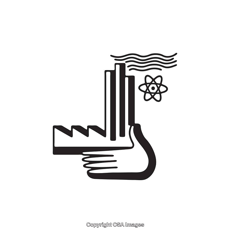 Black and White Line Art Depicting Industry and Atomic Energy Symbols
