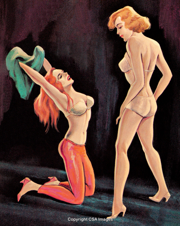 Retro Styled Dramatic Artwork Depicting Two Women in Vintage Attire