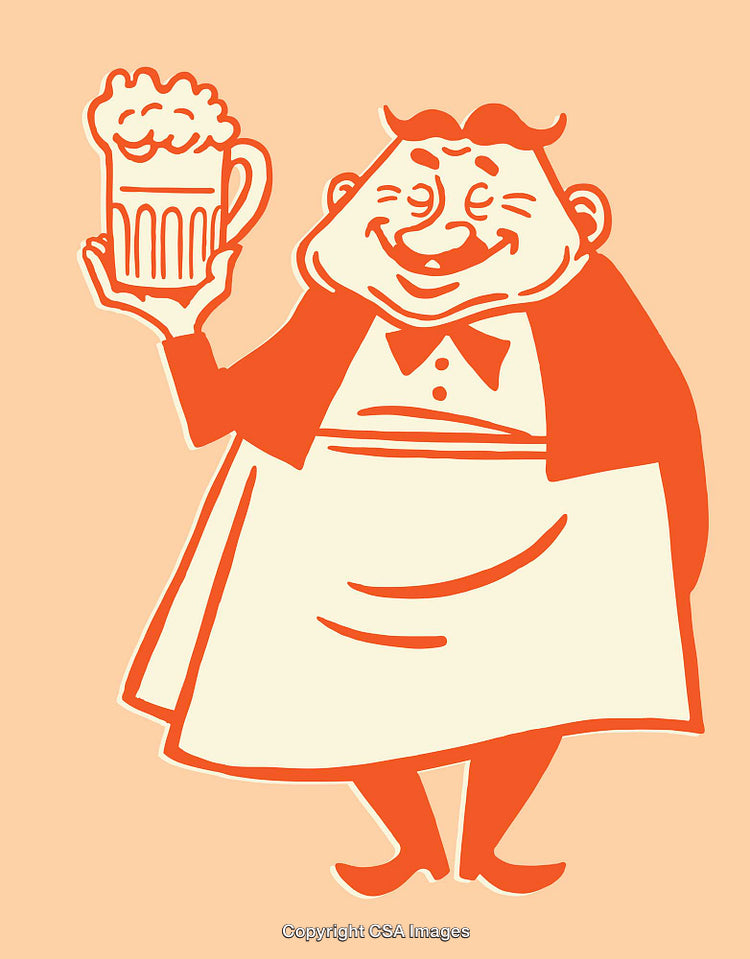 Vintage Style Cartoon of a Happy Bartender Holding a Frothy Beer Mug