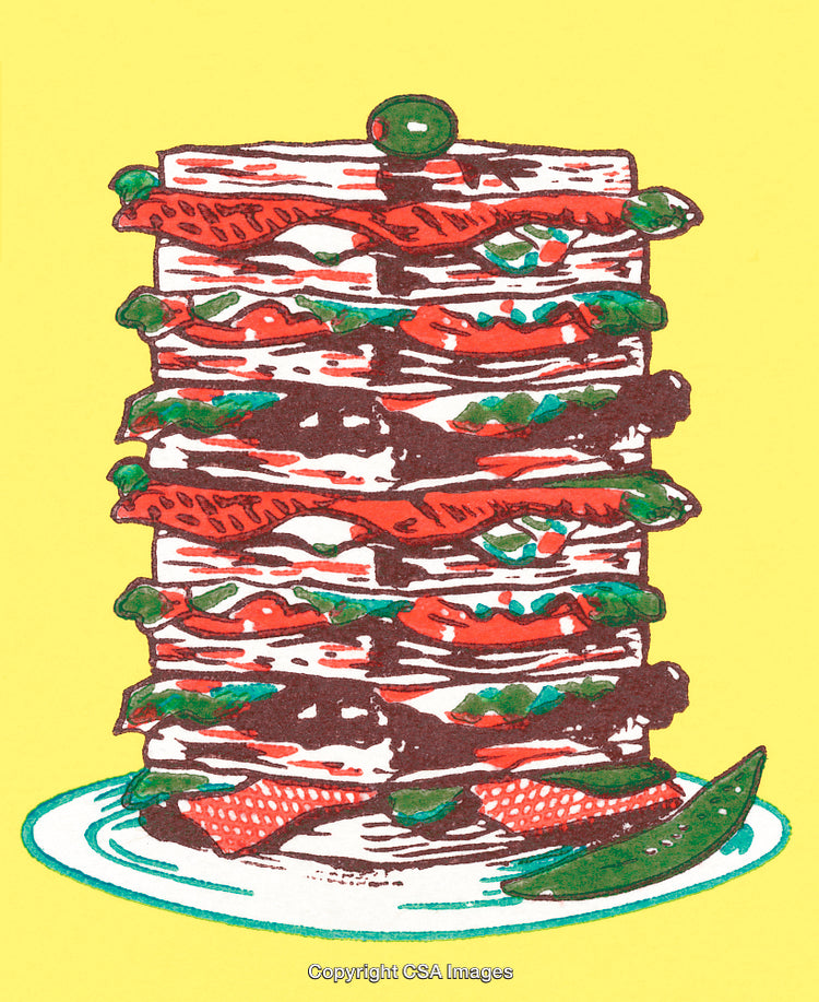 Illustrated Stack of Sandwiches with Lettuce, Tomato, and Olives on Plate