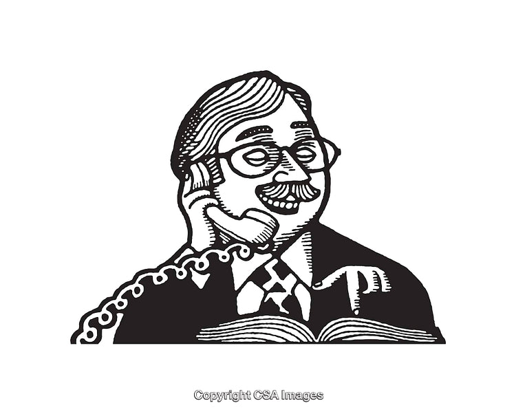 Illustrated Businessman Talking on Telephone with Open Book