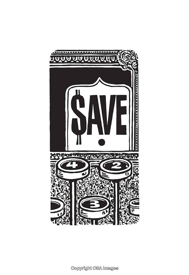 Vintage Black And White Illustration of Cash Register and Save Text