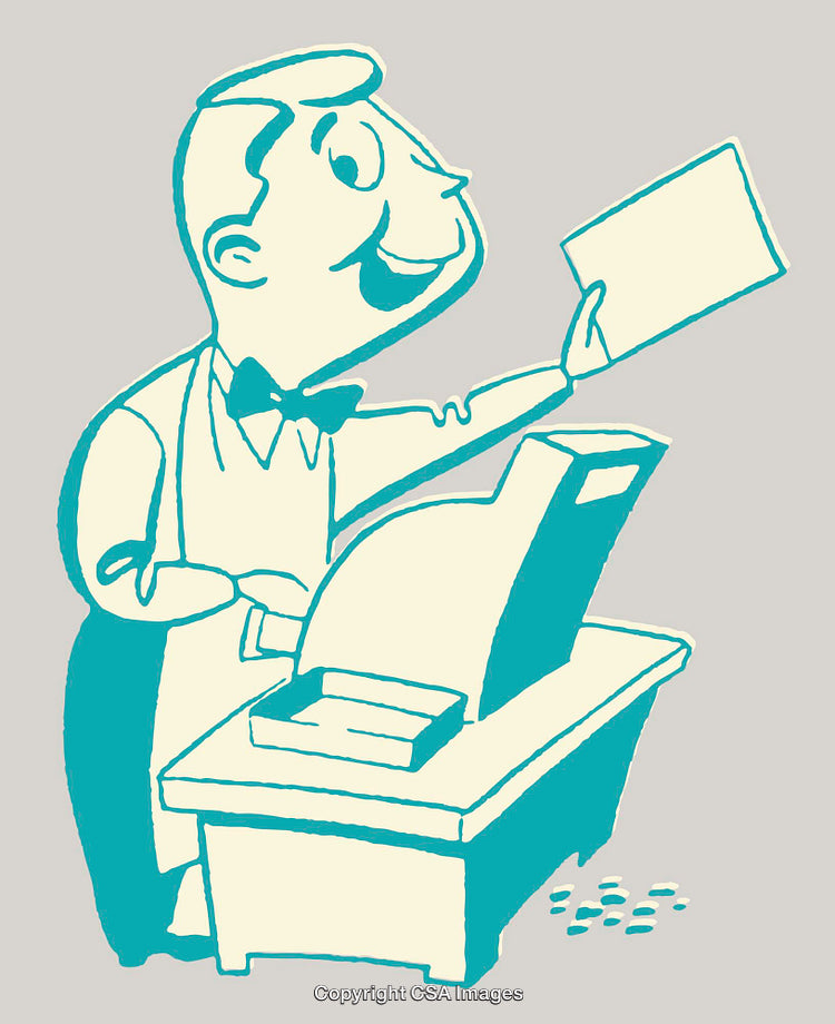 Retro Styled Line Art Illustration of a Happy Store Clerk
