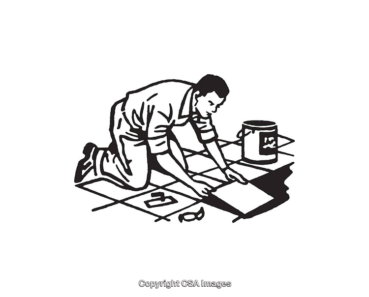 Black and White Illustration of a Worker Installing Floor Tiles