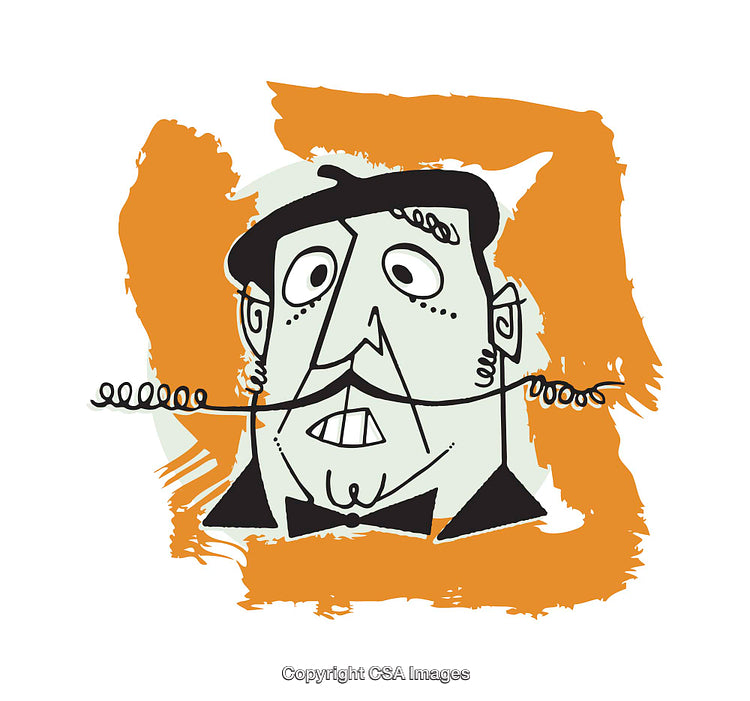 Quirky Cartoon Character with Orange Background and Twisting Mustache