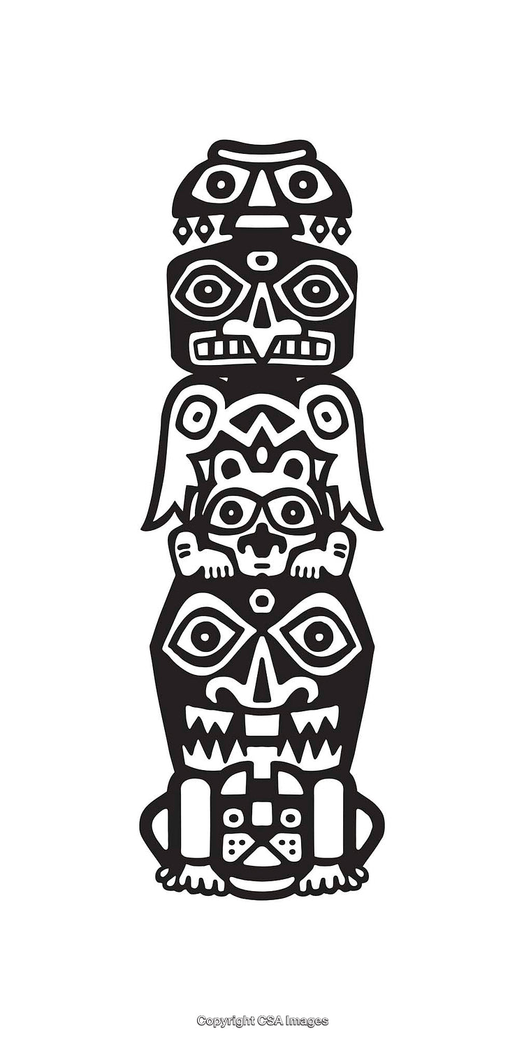 Abstract Totem Pole Line Art with Intricate Black and White Details