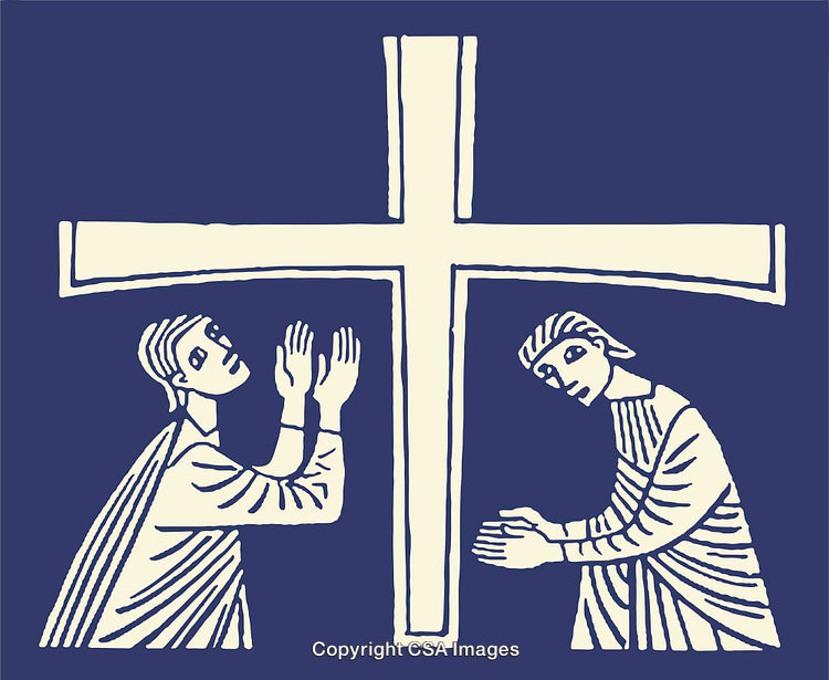 Abstract Religious Illustration with Cross and Devotional Figures in Line Art Style