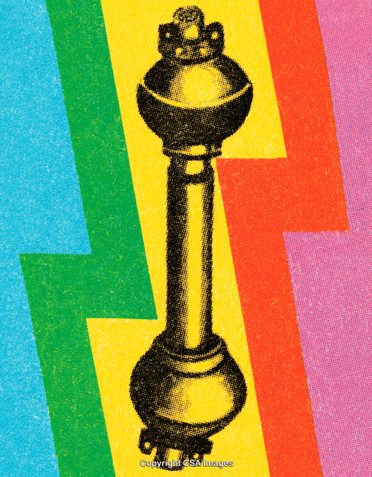 Colorful Abstract Design Featuring a Regal Scepter and Vibrant Geometric Patterns