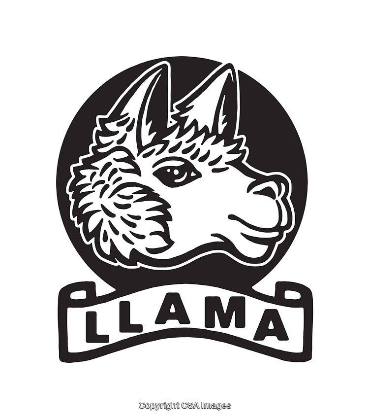 Black and White Line Art Illustration of a Llama in Circular Emblem Design