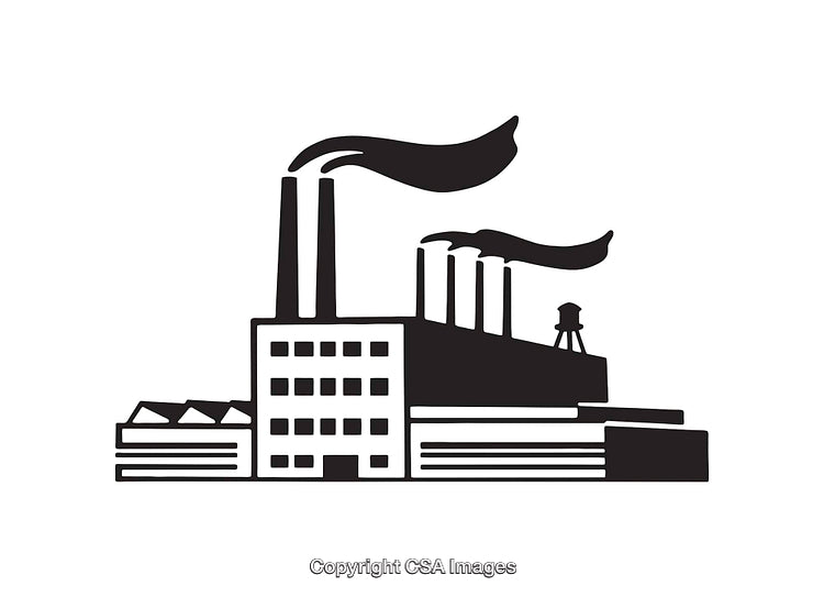 Black and White Illustration of a Factory with Smoke Stacks