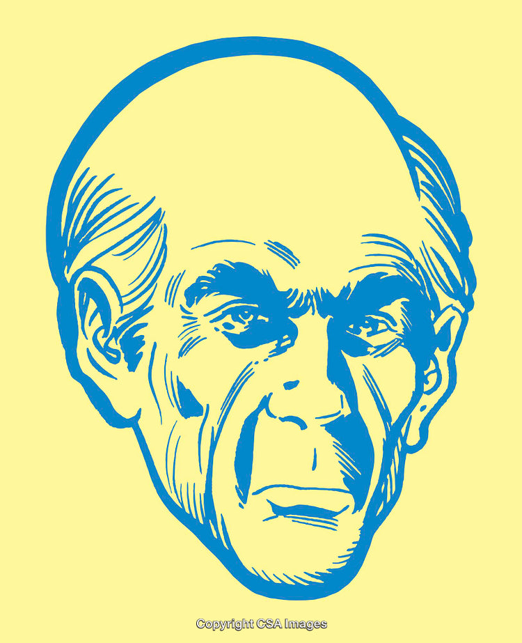 Abstract Line Art of a Thoughtful Elderly Face in Blue on Yellow Background