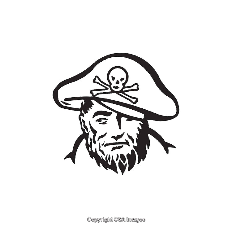 Black and White Line Art of a Bearded Pirate with Skull Hat