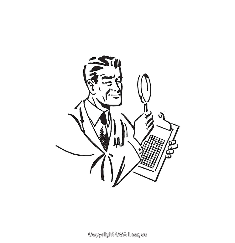 Retro Style Man Analyzing Data with Magnifying Glass in Line Art Design