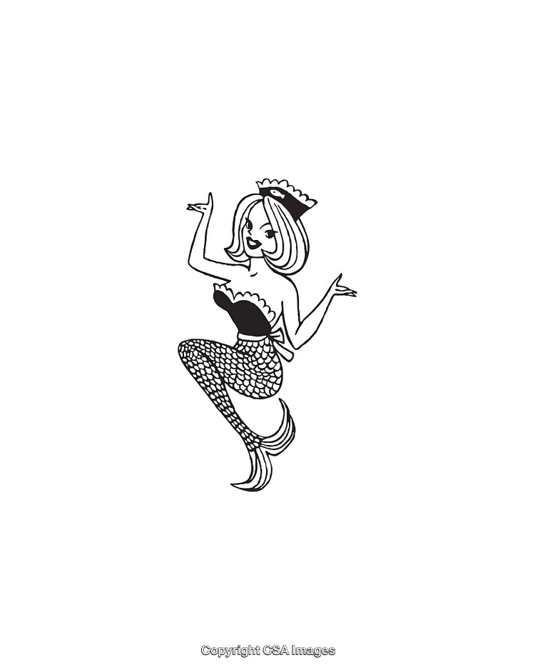 Retro Style Black and White Illustration of a Mermaid Character