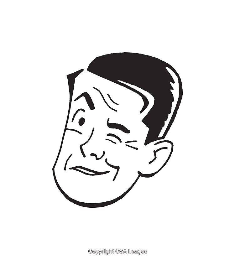 Retro Winking Character in Hand-Drawn Black and White Illustration Style