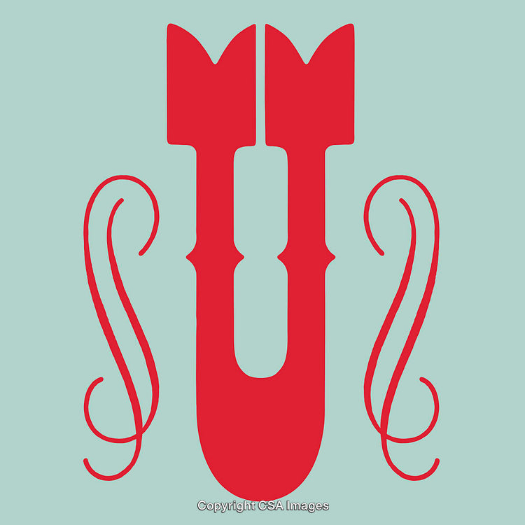 Intricate Red Letter U Design with Decorative Swirls on Light Blue Background