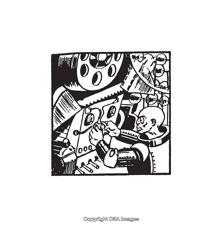 Intricate Black and White Illustration of Futuristic Machine and Operator