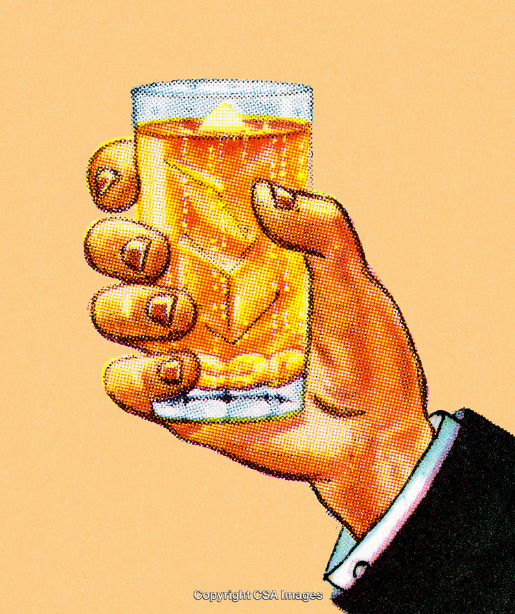 Illustration of a Hand Holding Beverage Glass with Ice on Orange Background