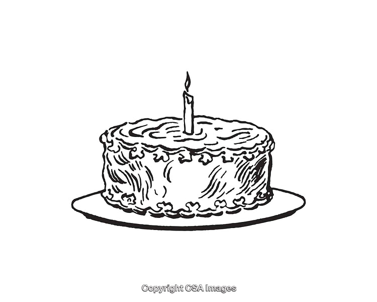 Black and White Line Art of a Birthday Cake with a Candle
