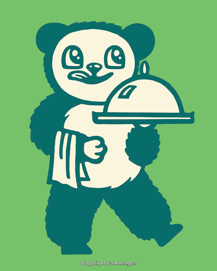 Adorable Panda Waiter Holding a Serving Dish in Fun Cartoon Style
