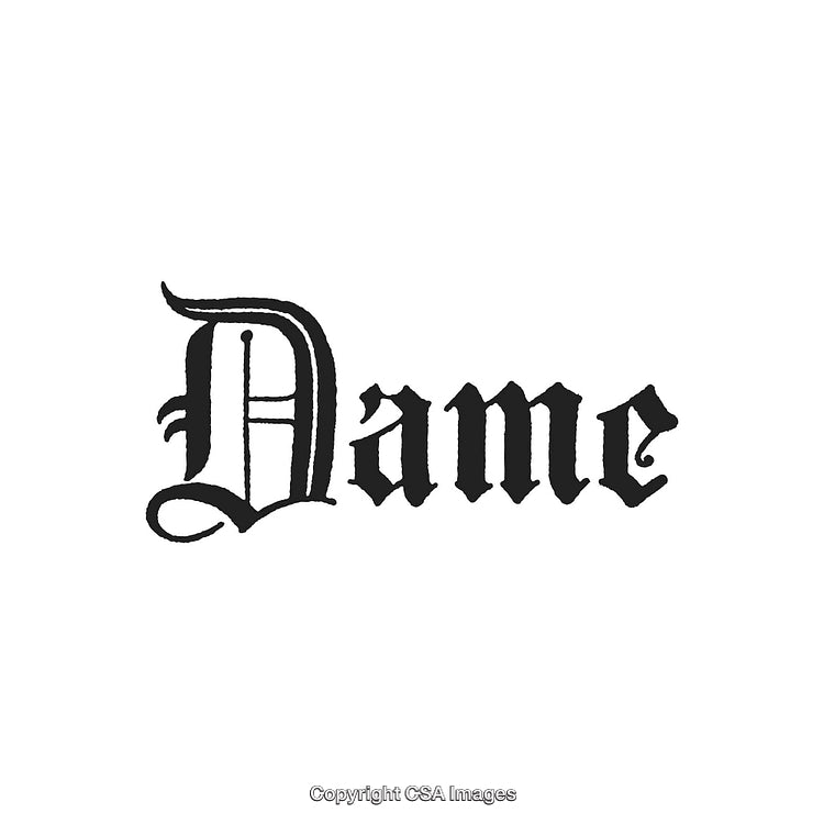 Vintage Text Design Featuring the Word 'Dame' in Gothic Typeface